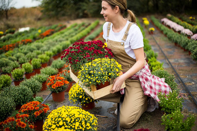一个年轻的女人在一个花卉种植园工作照片摄影
